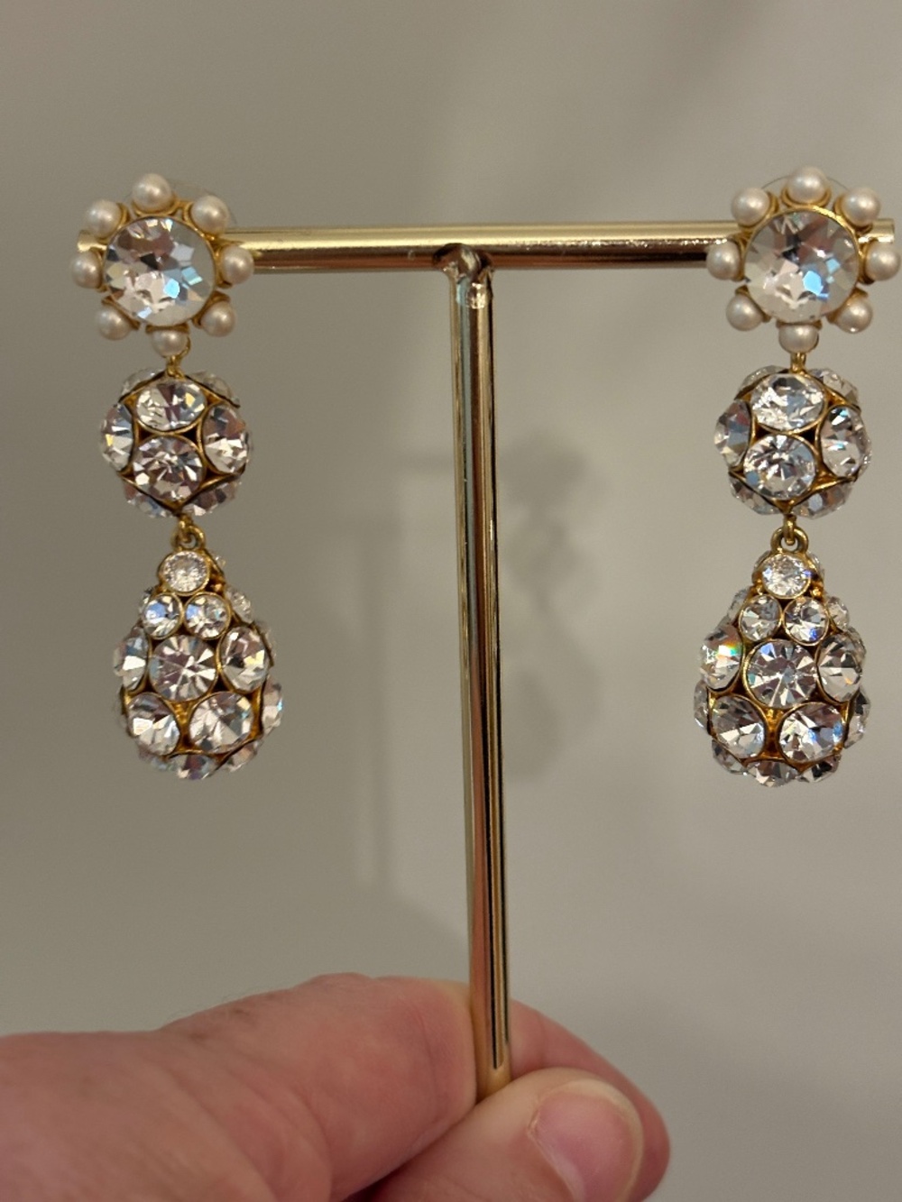 J. Crew Crystal and pearl triple-drop earrings